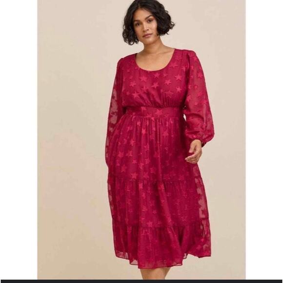 New! Torrid Midi Clip Dot Chiffon Tiered Pink Stars Dress, Size 1 Plus Size 1X - Picture 1 of 7
